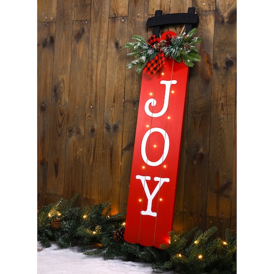 Glitzhome® 40" Lighted Wooden Sleigh JOY Porch Sign with Timer